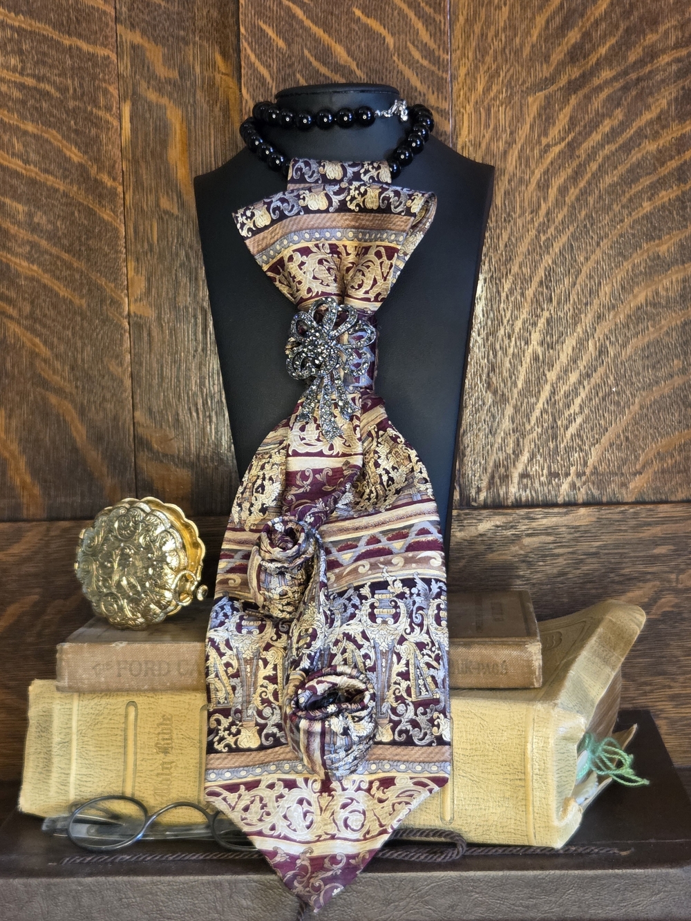 Ornate Burgundy and Gold Ladies Tie With Brooch